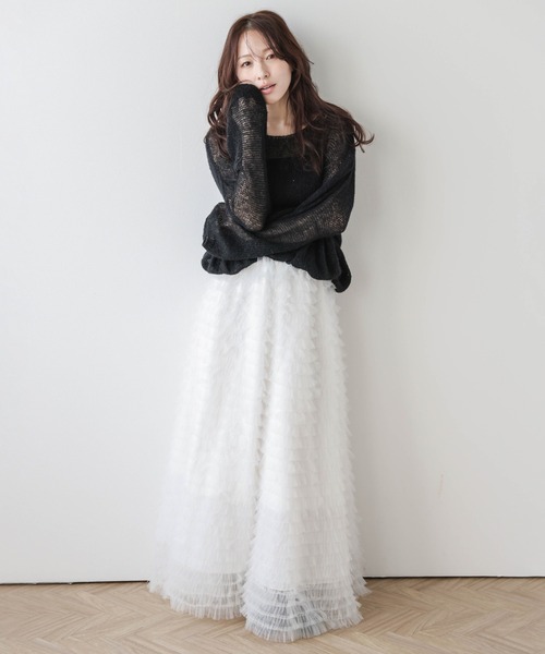 AMELY（エミリー）の「ティアードチュール フレアスカート（スカート・レディース・ブラック/ベージュ/ピンク/ホワイト・C/フリー）」の6枚目の写真