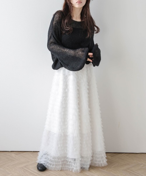 AMELY（エミリー）の「ティアードチュール フレアスカート（スカート・レディース・ブラック/ベージュ/ピンク/ホワイト・C/フリー）」の7枚目の写真
