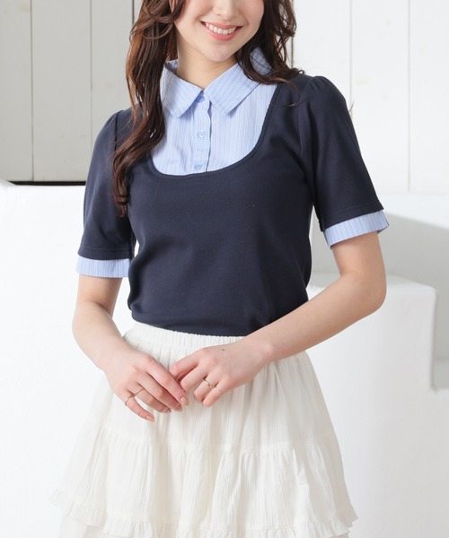 Honeys（ハニーズ）の「レイヤード風トップス（Tシャツ/カットソー・レディース・ブラウン/ネイビー系1/ネイビー/杢グレー・M/L/S）」の3枚目の写真