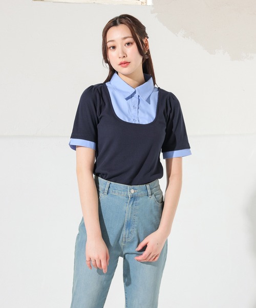 Honeys（ハニーズ）の「レイヤード風トップス（Tシャツ/カットソー・レディース・ブラウン/ネイビー系1/ネイビー/杢グレー・M/L/S）」の14枚目の写真