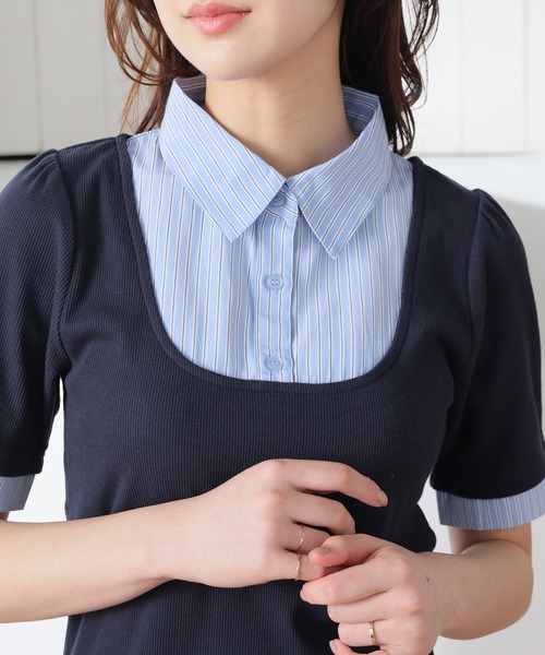 Honeys（ハニーズ）の「レイヤード風トップス（Tシャツ/カットソー・レディース・ブラウン/ネイビー系1/ネイビー/杢グレー・M/L/S）」の6枚目の写真