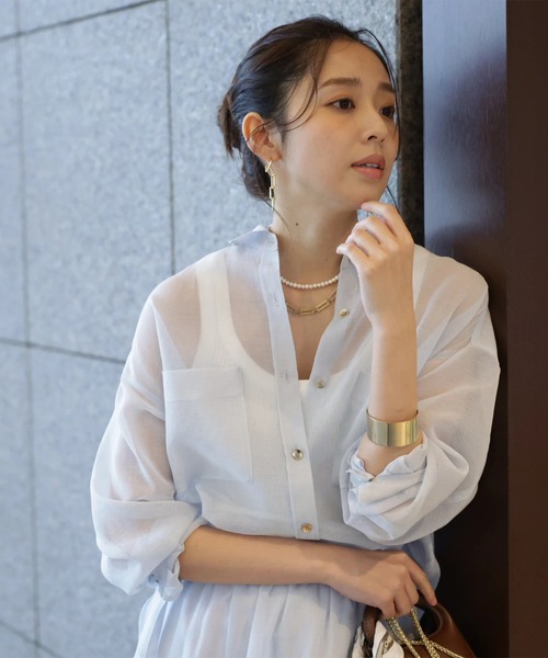 JUSGLITTY（ジャスグリッティー）の「２ＷＡＹリネンライクシアーシャツ（シャツ/ブラウス・レディース・サックスブルー/ピンク/ホワイト/イエロー/ベージュ・1/2）」の6枚目の写真