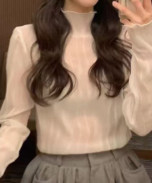 Ada.(エイダ)の「【Mellfy】シアー ハイネック プリーツ メロー トップス(Tシャツ/カットソー・レディース・ライトブルー/オフホワイト・FREE)」の2枚目の写真