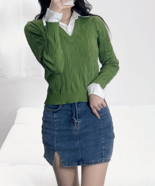 Emilie（エミリー）の「シャツレイヤード長袖ニット（Tシャツ/カットソー・レディース・ベージュ/グレー/アイボリー/ブラック/カーキ・FREE）」の5枚目の写真