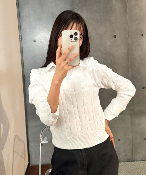 Emilie（エミリー）の「シャツレイヤード長袖ニット（Tシャツ/カットソー・レディース・ベージュ/グレー/アイボリー/ブラック/カーキ・FREE）」の22枚目の写真