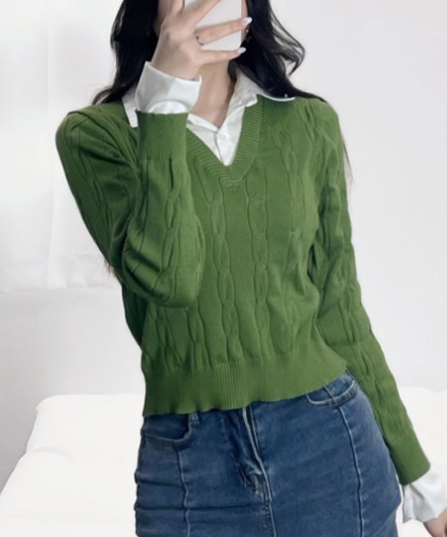Emilie（エミリー）の「シャツレイヤード長袖ニット（Tシャツ/カットソー・レディース・ベージュ/グレー/アイボリー/ブラック/カーキ・FREE）」の6枚目の写真