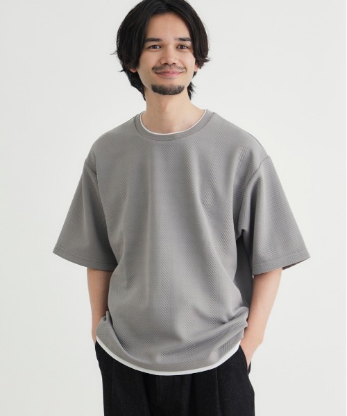 BACK NUMBER(バックナンバー)の「BACK NUMBER(バックナンバー)ジャガードフェイクレイヤード半袖Tシャツ(Tシャツ/カットソー・メンズ・ネイビー/ダークグレー/グレー・S/L/XL/M)」の2枚目の写真