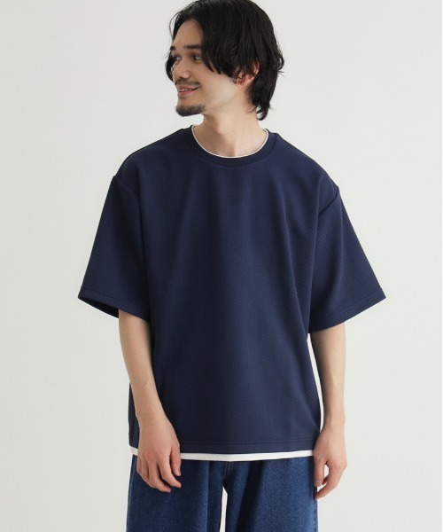 BACK NUMBER(バックナンバー)の「BACK NUMBER(バックナンバー)ジャガードフェイクレイヤード半袖Tシャツ(Tシャツ/カットソー・メンズ・ネイビー/ダークグレー/グレー・S/L/XL/M)」の4枚目の写真