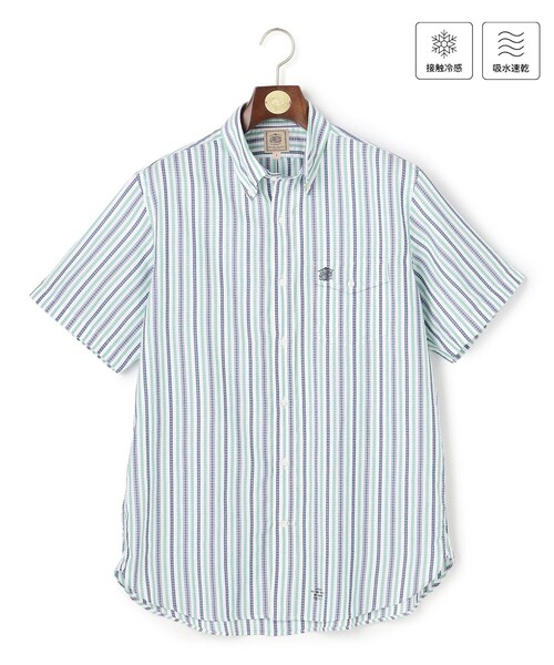 J.PRESS(ジェイプレス)の「ひんやりで品あり【吸水速乾 / 接触冷感 / 高通気性】Aero Weave クールマックスサッカー ストライプ シャツ / B.D.(シャツ/ブラウス・メンズ・グリーン系1/サックスブルー系7/ピンク系1・MEDIUM/X-LARGE/LARGE)」の1枚目の写真