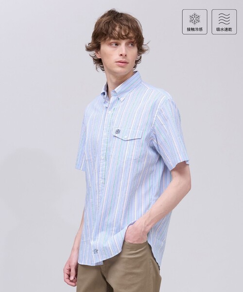J.PRESS(ジェイプレス)の「ひんやりで品あり【吸水速乾 / 接触冷感 / 高通気性】Aero Weave クールマックスサッカー ストライプ シャツ / B.D.(シャツ/ブラウス・メンズ・グリーン系1/サックスブルー系7/ピンク系1・MEDIUM/X-LARGE/LARGE)」の2枚目の写真
