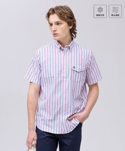 J.PRESS(ジェイプレス)の「ひんやりで品あり【吸水速乾 / 接触冷感 / 高通気性】Aero Weave クールマックスサッカー ストライプ シャツ / B.D.(シャツ/ブラウス・メンズ・グリーン系1/サックスブルー系7/ピンク系1・MEDIUM/X-LARGE/LARGE)」の3枚目の写真