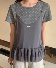 [2点セット]ドット柄Tシャツ×シアーフリルキャミソールセット