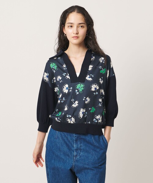 セール】6分袖 プリント ニット コンビ シャツ ‐ウォッシャブル