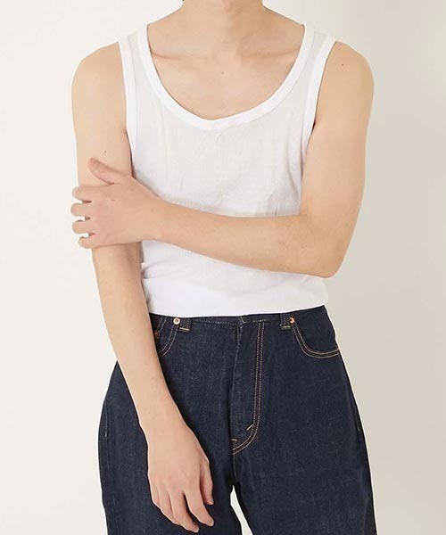 BLUE BLUE（ブルーブルー）の「FRUIT OF THE LOOM × BLUE BLUE /2パックリブタンクトップ（キャミソール・メンズ・ホワイト・M/S/XL/L）」の2枚目の写真