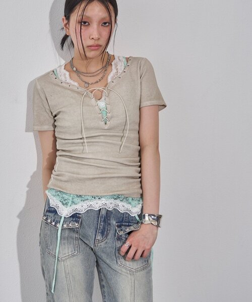 WHO'S WHO gallery(フーズフーギャラリー)の「プロセストレースアップTEE(Tシャツ/カットソー・レディース・ピンク/ブラック/アイボリー/グレー/サックスブルー・FREE)」の13枚目の写真