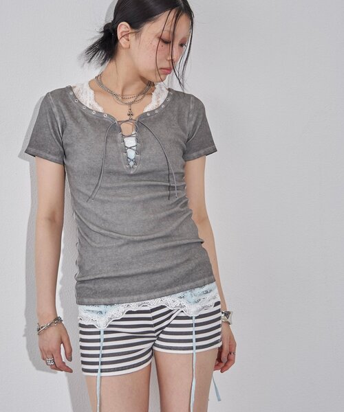 WHO'S WHO gallery(フーズフーギャラリー)の「プロセストレースアップTEE(Tシャツ/カットソー・レディース・ピンク/ブラック/アイボリー/グレー/サックスブルー・FREE)」の22枚目の写真