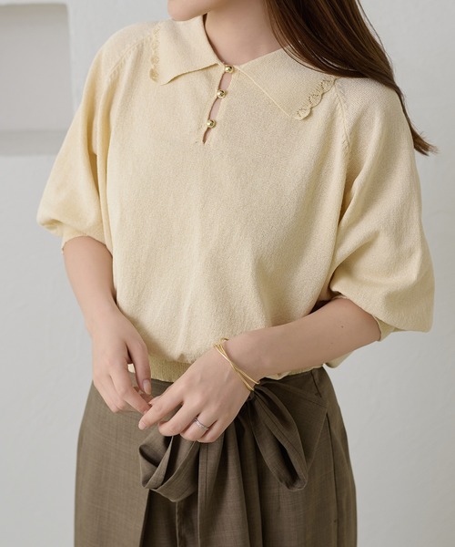 apres jour clair(アプレジュールクレア)の「【apres jour clair】スカラップ襟ポロニット(Tシャツ/カットソー・レディース・ピンクベージュ/アイボリー/ミント・X-LARGE/フリー)」の2枚目の写真
