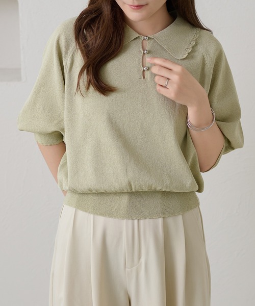 apres jour clair(アプレジュールクレア)の「【apres jour clair】スカラップ襟ポロニット(Tシャツ/カットソー・レディース・ピンクベージュ/アイボリー/ミント・X-LARGE/フリー)」の1枚目の写真