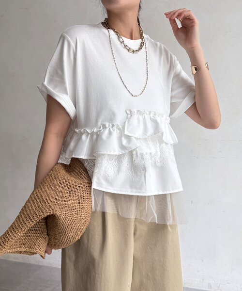 DouDou(ドゥドゥ)の「【WEB限定】異素材切替フリルTEE(Tシャツ/カットソー・レディース・ダークグレー/オフホワイト/ブラック・FREE)」の9枚目の写真