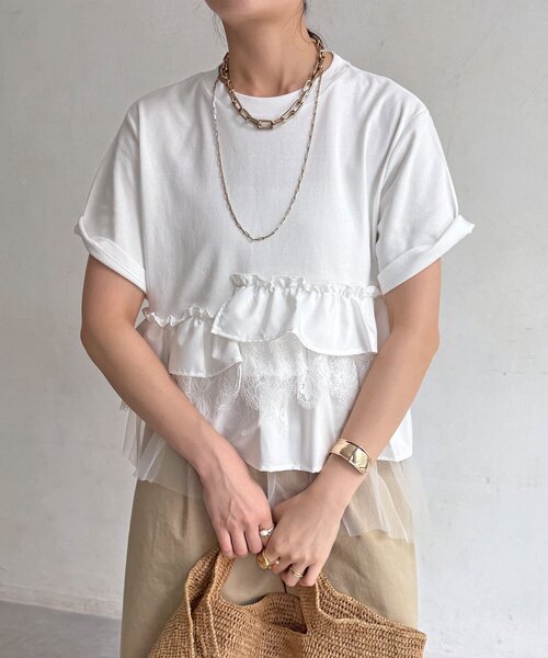 DouDou(ドゥドゥ)の「【WEB限定】異素材切替フリルTEE(Tシャツ/カットソー・レディース・ダークグレー/オフホワイト/ブラック・FREE)」の10枚目の写真