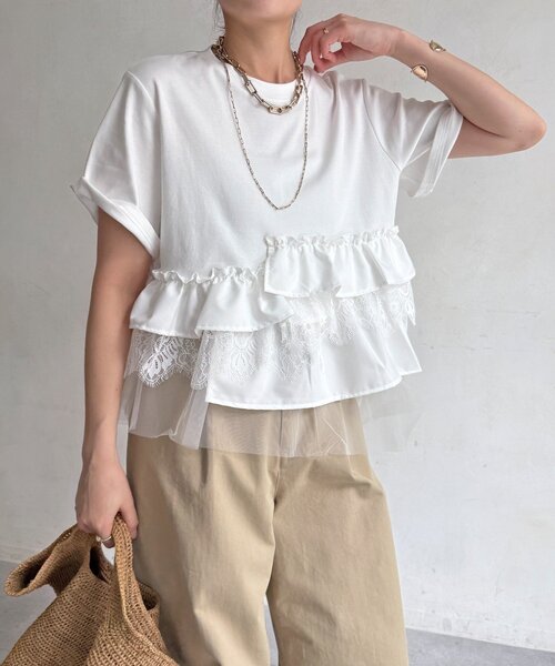 DouDou(ドゥドゥ)の「【WEB限定】異素材切替フリルTEE(Tシャツ/カットソー・レディース・ダークグレー/オフホワイト/ブラック・FREE)」の11枚目の写真
