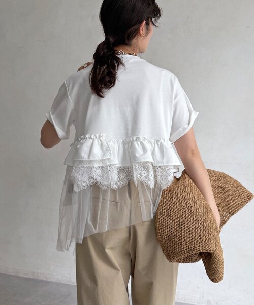 DouDou(ドゥドゥ)の「【WEB限定】異素材切替フリルTEE(Tシャツ/カットソー・レディース・ダークグレー/オフホワイト/ブラック・FREE)」の13枚目の写真