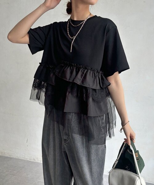 DouDou(ドゥドゥ)の「【WEB限定】異素材切替フリルTEE(Tシャツ/カットソー・レディース・ダークグレー/オフホワイト/ブラック・FREE)」の19枚目の写真