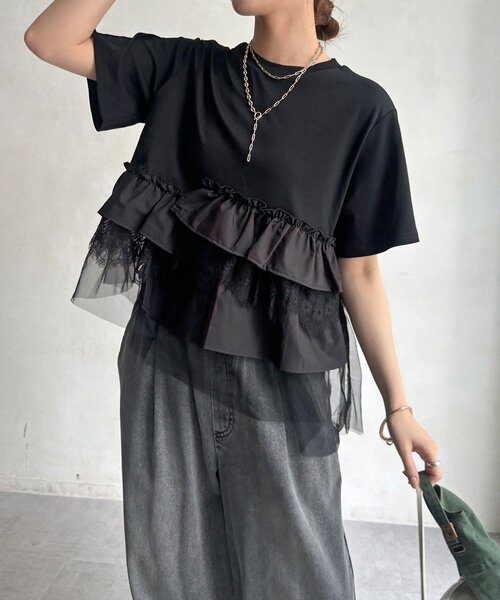 DouDou(ドゥドゥ)の「【WEB限定】異素材切替フリルTEE(Tシャツ/カットソー・レディース・ダークグレー/オフホワイト/ブラック・FREE)」の20枚目の写真