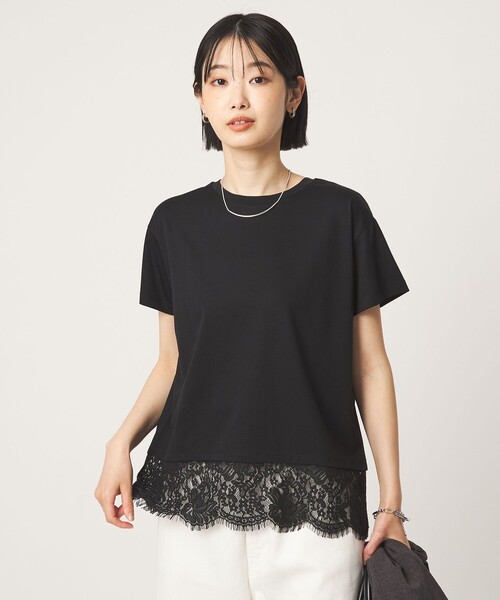 green label relaxing(グリーンレーベルリラクシング)の「スソ レース ショートスリーブ カットソー(Tシャツ/カットソー・レディース・ブラック/オフホワイト/ダークブラウン・FREE)」の2枚目の写真