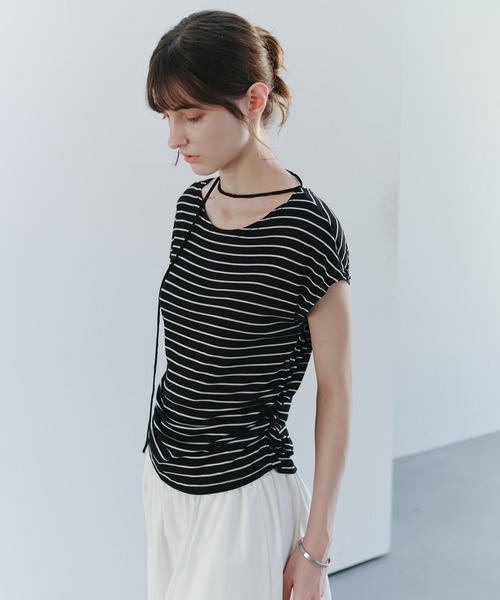 tageechita(タジチタ)の「【tageechita】コードリボン フレンチスリーブTシャツ(Tシャツ/カットソー・レディース・ホワイト×ブラック/ベージュ・L/M/S)」の17枚目の写真
