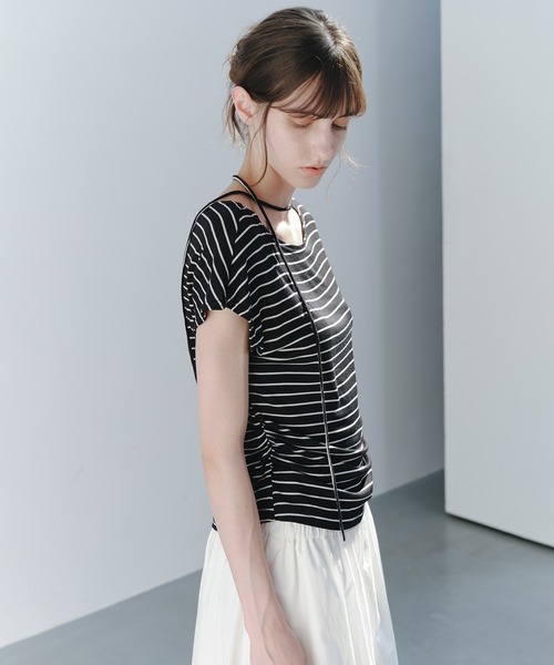 tageechita(タジチタ)の「【tageechita】コードリボン フレンチスリーブTシャツ(Tシャツ/カットソー・レディース・ホワイト×ブラック/ベージュ・L/M/S)」の18枚目の写真