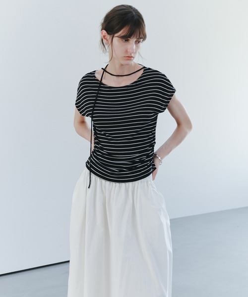 tageechita(タジチタ)の「【tageechita】コードリボン フレンチスリーブTシャツ(Tシャツ/カットソー・レディース・ホワイト×ブラック/ベージュ・L/M/S)」の11枚目の写真