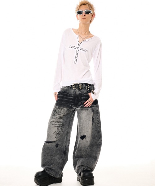FUGA(フーガ)の「『FUGA/フーガ』プリント加工バレルレッグデニムパンツ(デニムパンツ・メンズ・ブラック/グレー・L/M)」の14枚目の写真