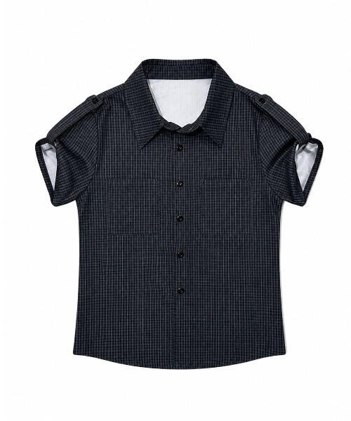 Never mind the XU / Chikashitsu+(ネバーマインド ザ エックスユー / チカシツプラス)の「【nmtc+】Roll-Up Check Shirt / 【エヌエムティーシープラス】ロールアップチェック半袖シャツ(シャツ/ブラウス・レディース・ブラック・ONE SIZE)」の16枚目の写真