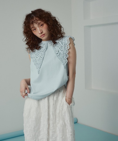 W:Huku(フーク)の「【W:Huku / シルキータッチコットン】ビッグカラー ノースリーブ トップス / フレンチスリーブ 袖なし/ Silky-Touch Cotton Big Collar Sleeveless Top(タンクトップ・レディース・ブラック/カーキ系/オフホワイト/ブルー・FREE)」の18枚目の写真