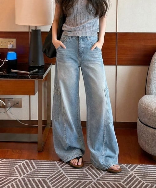 LUCPY(ラクピー)の「ヴィンテージワイドデニムパンツ(デニムパンツ・レディース・ブルー・SMALL/X-SMALL/LARGE/MEDIUM)」の2枚目の写真