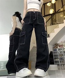 配色ステッチ　カーゴデニムパンツ