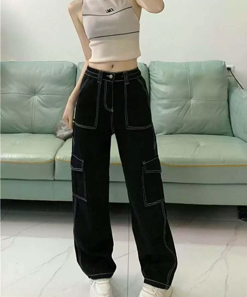 Dream garden(ドリームガーデン)の「配色ステッチ カーゴデニムパンツ(デニムパンツ・レディース・ブラック・XS/L/XL/2XL)」の10枚目の写真