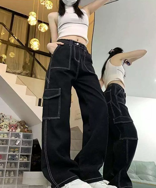 Dream garden(ドリームガーデン)の「配色ステッチ カーゴデニムパンツ(デニムパンツ・レディース・ブラック・XS/L/XL/2XL)」の3枚目の写真