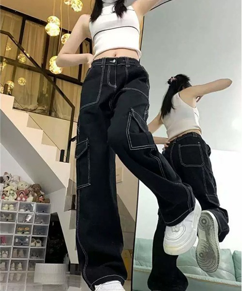 Dream garden(ドリームガーデン)の「配色ステッチ カーゴデニムパンツ(デニムパンツ・レディース・ブラック・XS/L/XL/2XL)」の15枚目の写真
