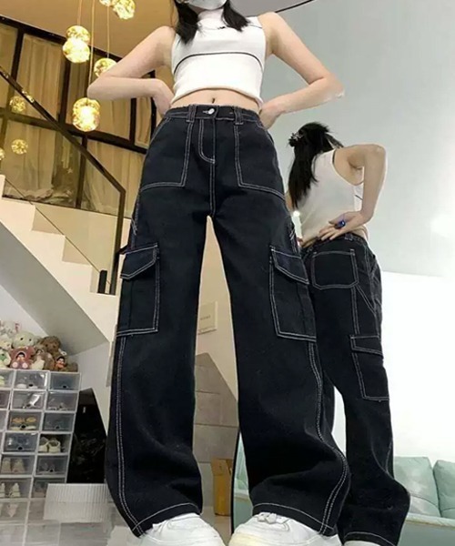 Dream garden(ドリームガーデン)の「配色ステッチ カーゴデニムパンツ(デニムパンツ・レディース・ブラック・XS/L/XL/2XL)」の13枚目の写真
