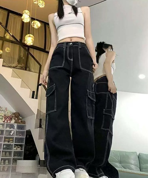 Dream garden(ドリームガーデン)の「配色ステッチ カーゴデニムパンツ(デニムパンツ・レディース・ブラック・XS/L/XL/2XL)」の14枚目の写真
