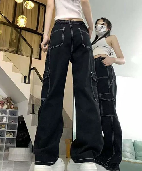 Dream garden(ドリームガーデン)の「配色ステッチ カーゴデニムパンツ(デニムパンツ・レディース・ブラック・XS/L/XL/2XL)」の8枚目の写真