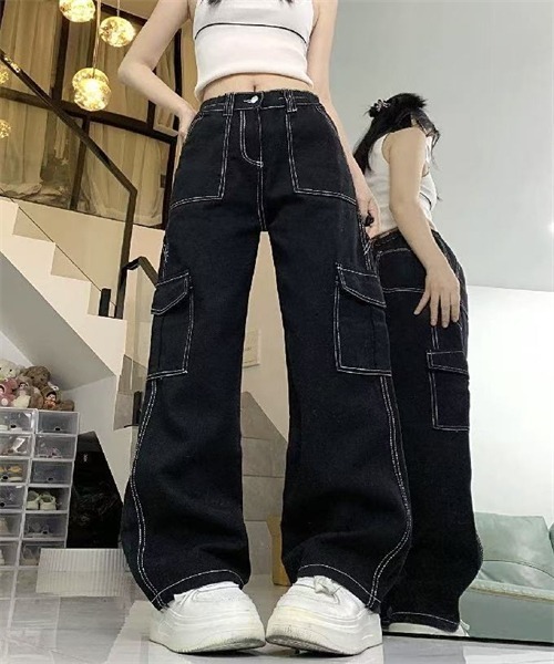 Dream garden(ドリームガーデン)の「配色ステッチ カーゴデニムパンツ(デニムパンツ・レディース・ブラック・XS/L/XL/2XL)」の12枚目の写真