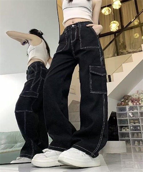 Dream garden(ドリームガーデン)の「配色ステッチ カーゴデニムパンツ(デニムパンツ・レディース・ブラック・XS/L/XL/2XL)」の5枚目の写真