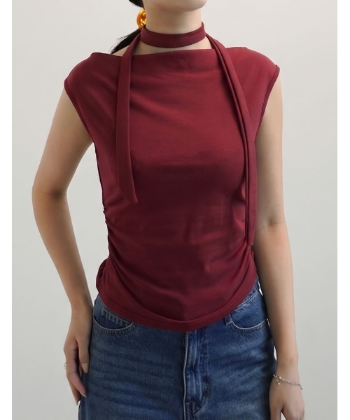 Re:EDIT（リエディ）の「ボウタイ付き2WAYワンショルダーアシメトップス（Tシャツ/カットソー・レディース・ブラック/ホワイト/レッド/ブラウン・FREE）」の4枚目の写真