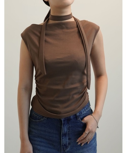 Re:EDIT（リエディ）の「ボウタイ付き2WAYワンショルダーアシメトップス（Tシャツ/カットソー・レディース・ブラック/ホワイト/レッド/ブラウン・FREE）」の10枚目の写真