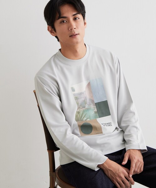 THE SHOP TK (ザ ショップ ティーケー )の「【洗濯機OK】ポンチ長袖フォト長袖Tシャツ(Tシャツ/カットソー・メンズ・ライトグリーン/オフホワイト/ライトグレー・02/04/03)」の2枚目の写真