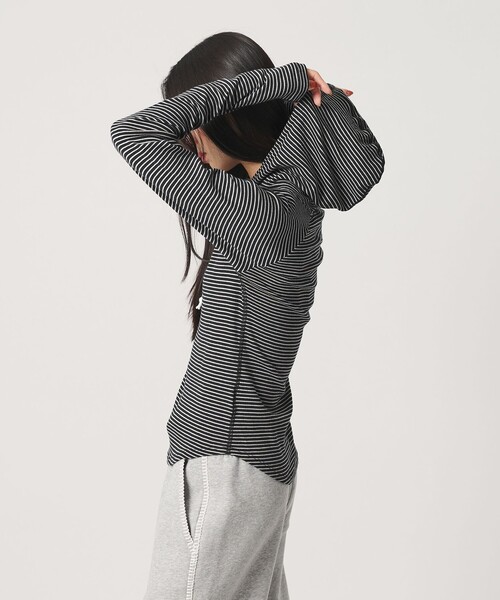 Healthknit（ヘルスニット）の「【別注】＜Healthknit＞ボーダー フーディ（Tシャツ/カットソー・レディース・ブラック/ライトグレー・FREE）」の7枚目の写真