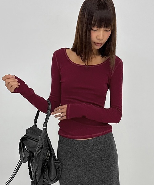 BLACKUP（ブラックアップ）の「[MADE] リブラステッチ起毛ワイドUネック長袖Tシャツ（Tシャツ/カットソー・レディース・オリーブ/レッド/クリーム/チャコール・FREE）」の4枚目の写真